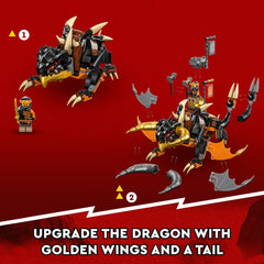 Cole minifigure with golden katana joining the NINJAGO Earth Dragon EVO