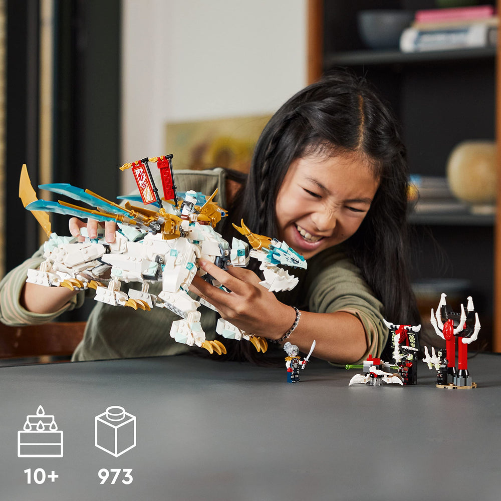 LEGO NINJAGO Ice Dragon wings and golden blades enhance poseability