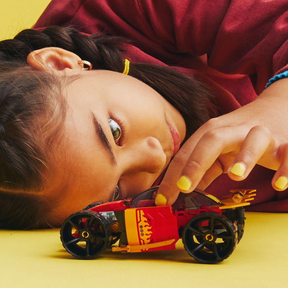 LEGO NINJAGO Kai's Ninja Race Car EVO rear view with golden wing spoiler for dramatic flair.