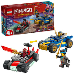 LEGO NINJAGO Rogue vs Drix race car duel shows high-speed chase action for kids