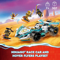 LEGO NINJAGO Zane’s Dragon Power Spinjitzu Race Car spinning action shows the unique mechanism.