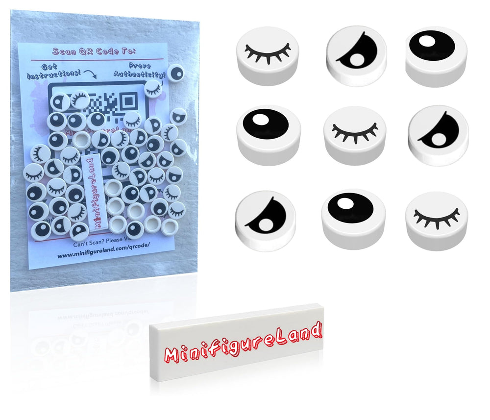 LEGO parts: fifty white eye tiles with full eyes for expressive minifigures.
