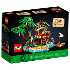 LEGO Ray the Castaway desert island scene with palm trees and shelter, ideal for imaginative play.