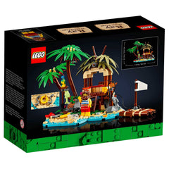 LEGO Ray the Castaway raft and shoreline details inviting creative storytelling.