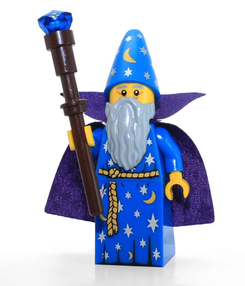 LEGO Blue Wizard minifigure on display base enhances shelf presentation.