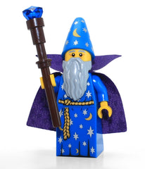 LEGO Blue Wizard minifigure on display base enhances shelf presentation.
