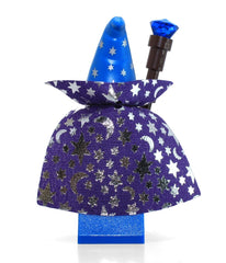 LEGO Blue Wizard minifigure with long cape shows elegant moon and star detailing.