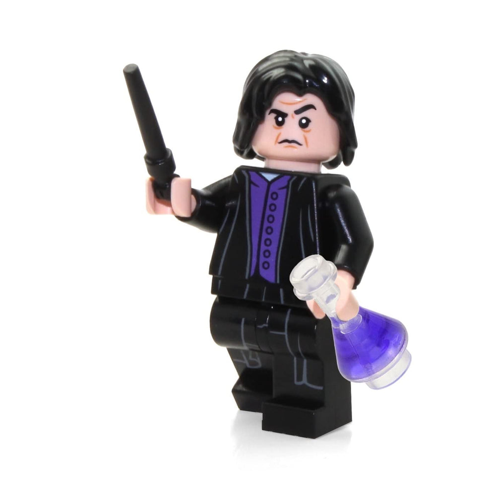 LEGO Severus Snape minifigure with wand and potion bottle for imaginative play.