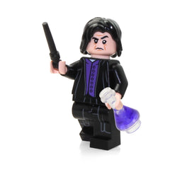 LEGO Severus Snape minifigure with wand and potion bottle for imaginative play.