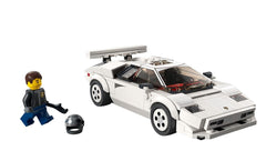 LEGO Speed Champions Lamborghini Countach front view, showcases iconic profile on shelves