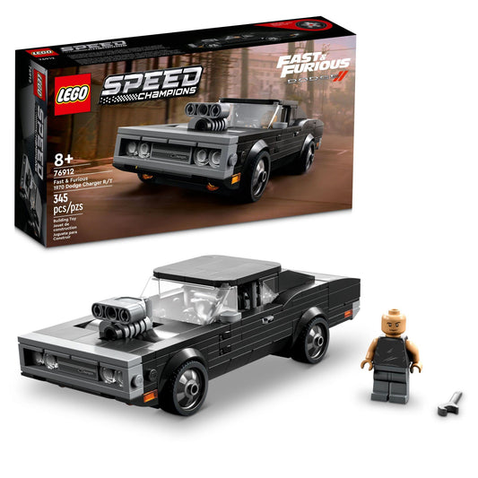 LEGO Speed Champions 1970 Dodge Charger R/T front view for display-ready realism.