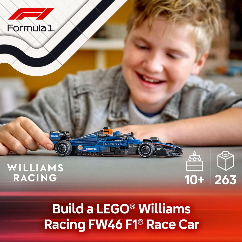 LEGO Williams FW46 cockpit detail boosts imaginative racing play.
