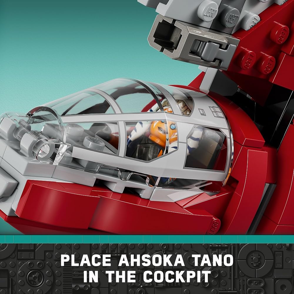 LEGO Star Wars Ahsoka Tano's T-6 shuttle landing gear extended for flight poses