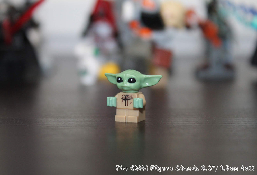 Close-up of LEGO Star Wars Baby Yoda Grogu minifigure showing authentic parts