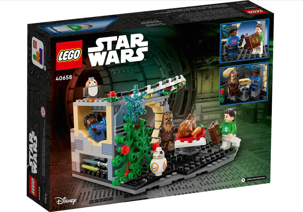 LEGO Star Wars Millennium Falcon Holiday Diorama Christmas tree and decorations create a cozy scene for tactile building.