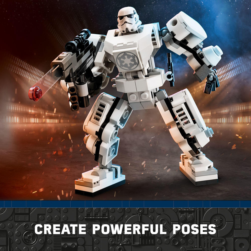 LEGO Star Wars Stormtrooper Mech 75370 large stud-shooting blaster boosts play options.