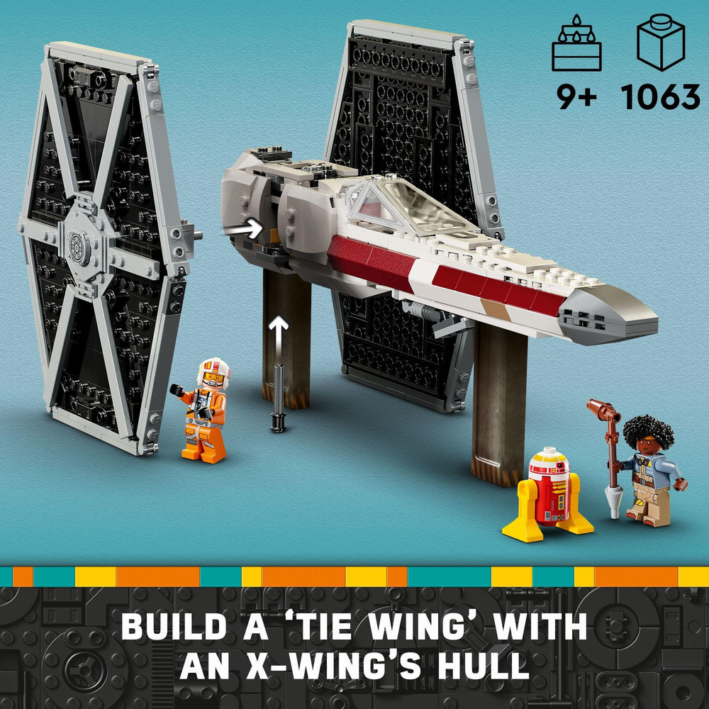 LEGO Star Wars X-wing mashup displaying retractable landing gear for display-ready poses.