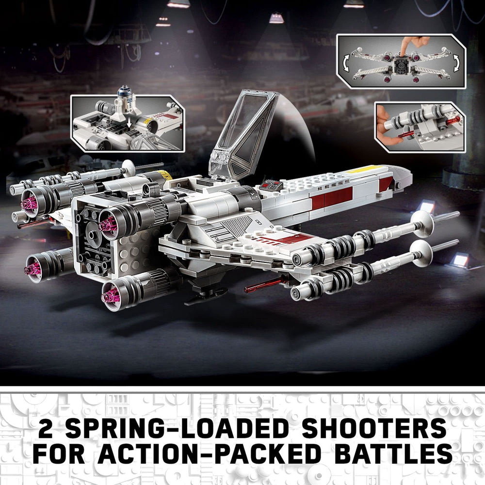 LEGO Star Wars X-wing features spring-loaded shooters for action-packed scenes.
