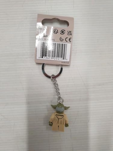LEGO Yoda keychain close-up highlighting minifigure details and colors