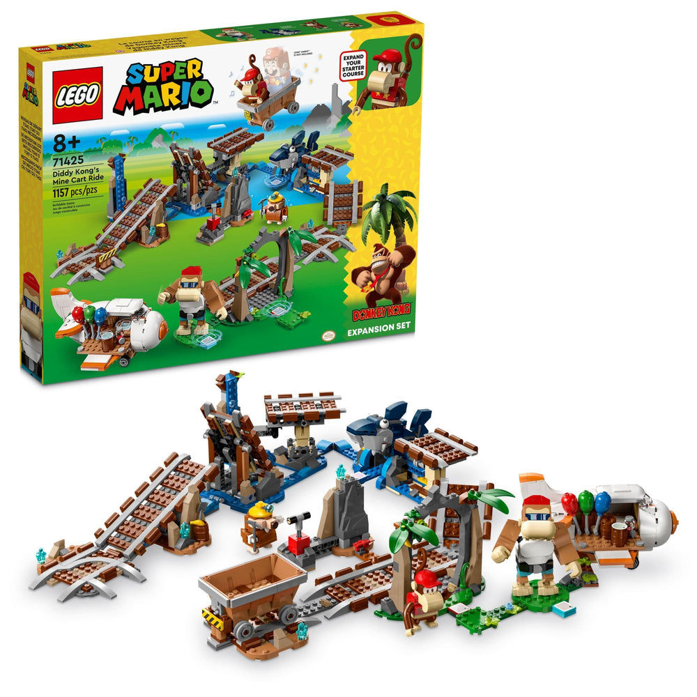 LEGO Super Mario Diddy Kong's Mine Cart Ride shows on-track action with brick-built details.