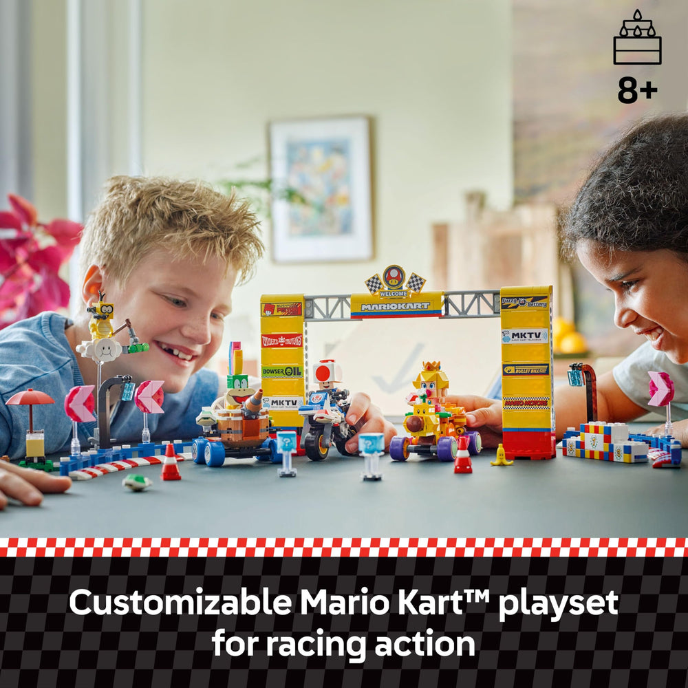 LEGO Super Mario Grand Prix set assembly highlights modular track and vehicle building.