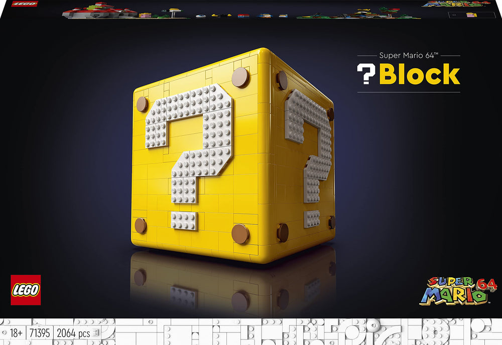 LEGO Super Mario question block features King Bob-omb microfigure for retro shelves.