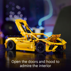 LEGO Technic Chevrolet Stingray color scheme creates a vibrant display piece.
