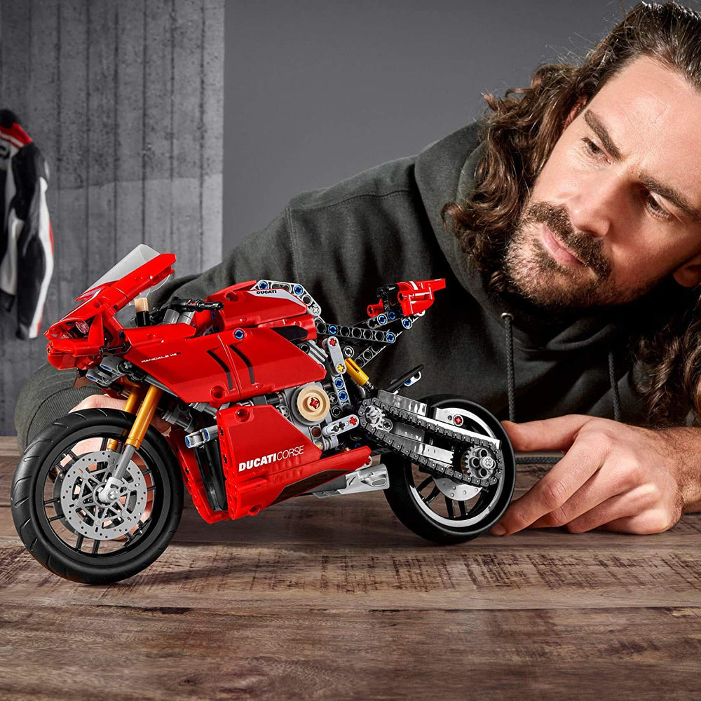 LEGO Technic Ducati Panigale V4 R disc brakes close-up for authentic scale riding cues