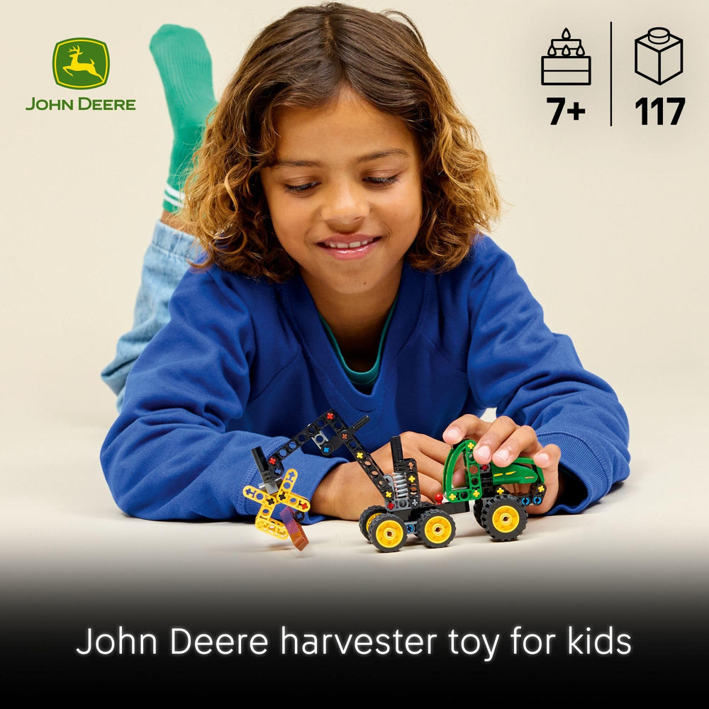 LEGO Technic John Deere 1470H harvester side view highlights rocker suspension for realistic movement.
