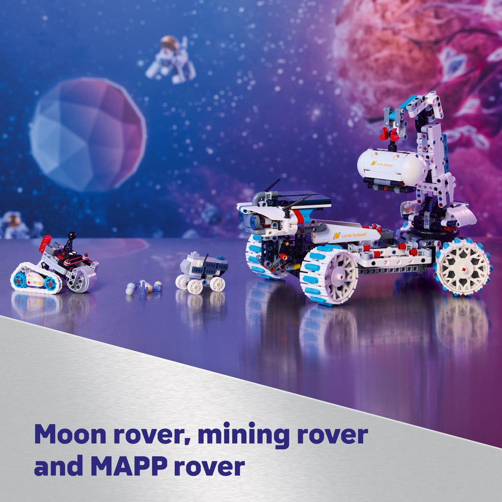LEGO Technic Lunar Outpost Moon Rover with 4-wheel steering enables versatile space play