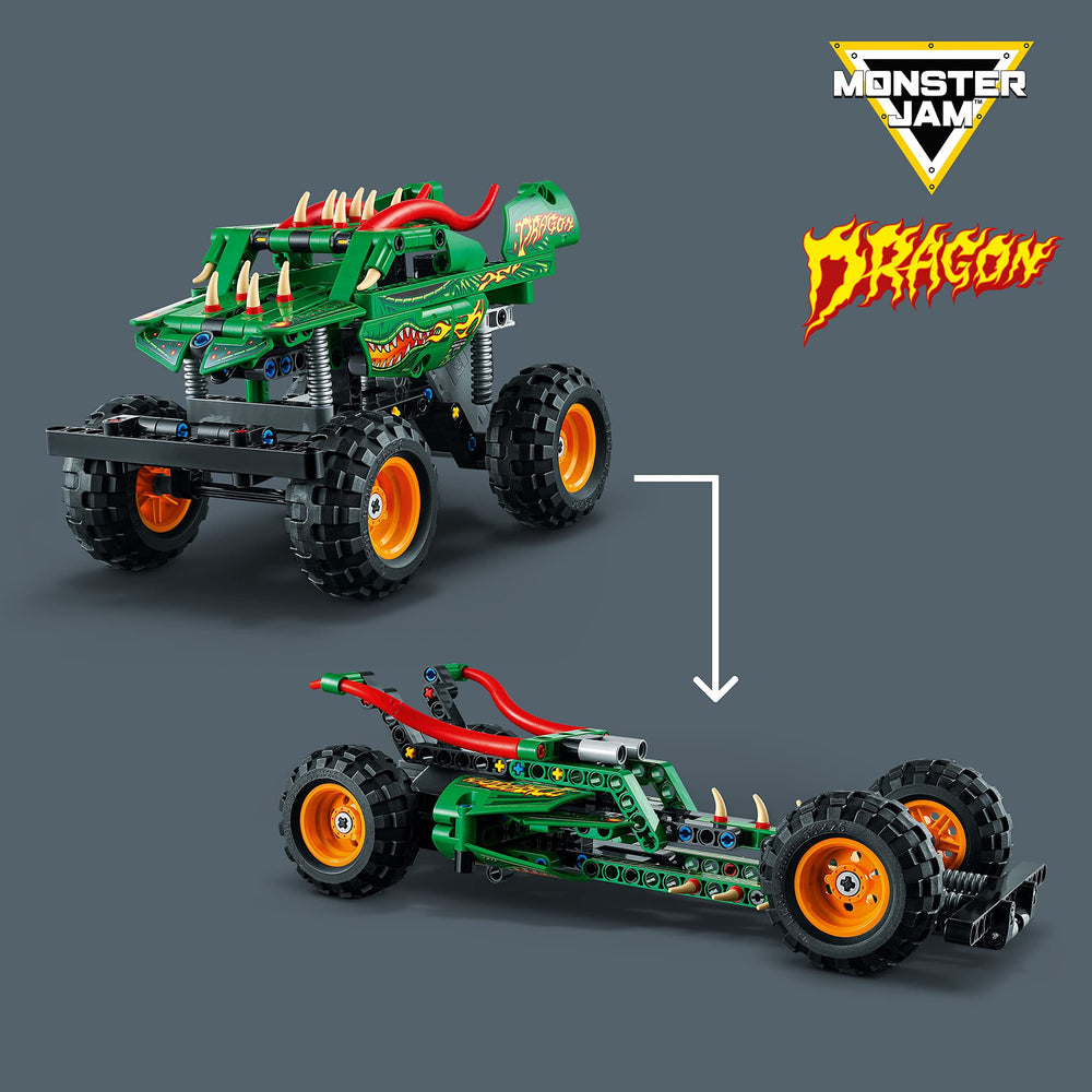 LEGO Technic Monster Jam Dragon 42149 side profile shows sturdy off-road build for action