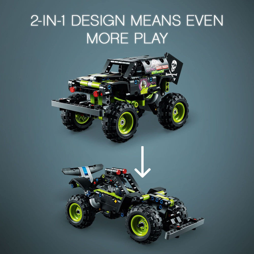 LEGO Grave Digger red headlights illuminate dramatic display scenes.