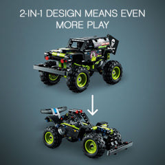 LEGO Grave Digger red headlights illuminate dramatic display scenes.
