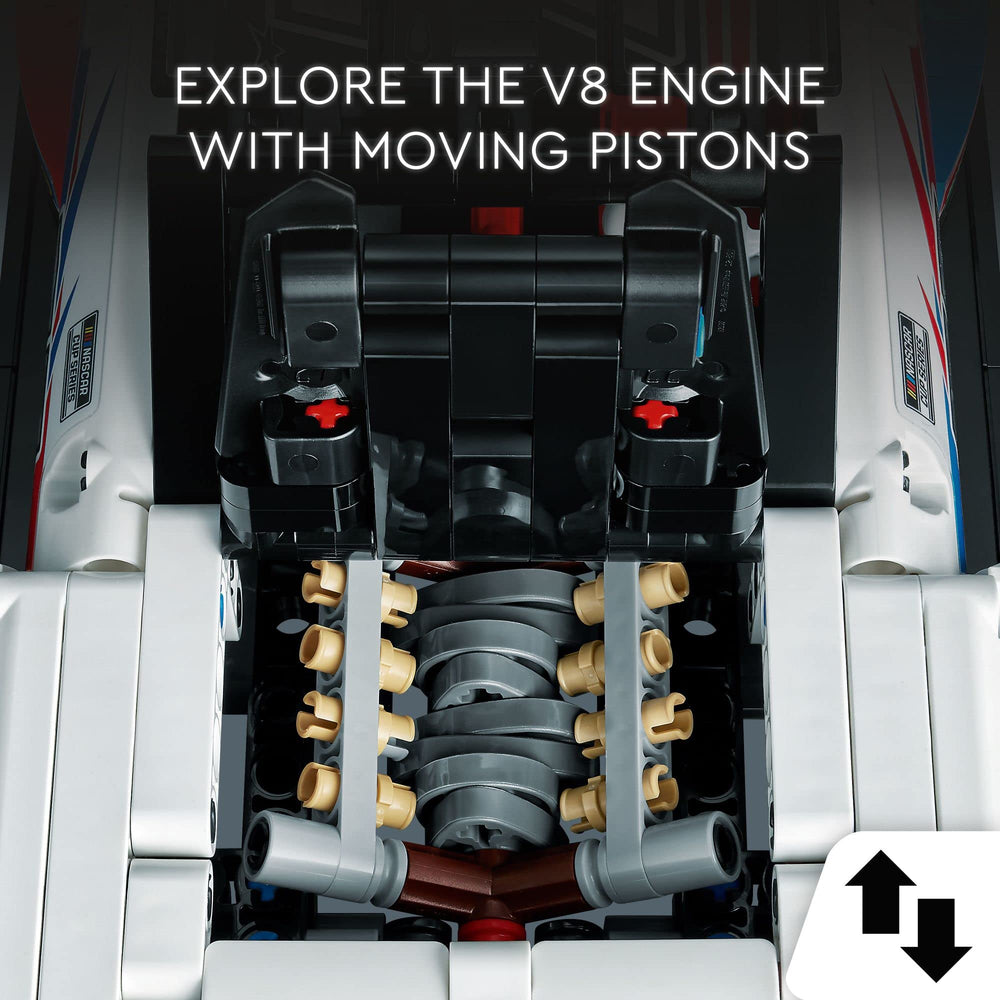 LEGO Technic NASCAR Camaro ZL1 engine detail reveals moving pistons for hands on engineering fun