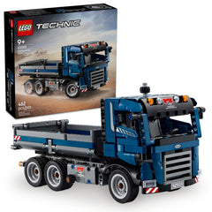 LEGO Technic tipping dump truck front view showing a sturdy blue build for play