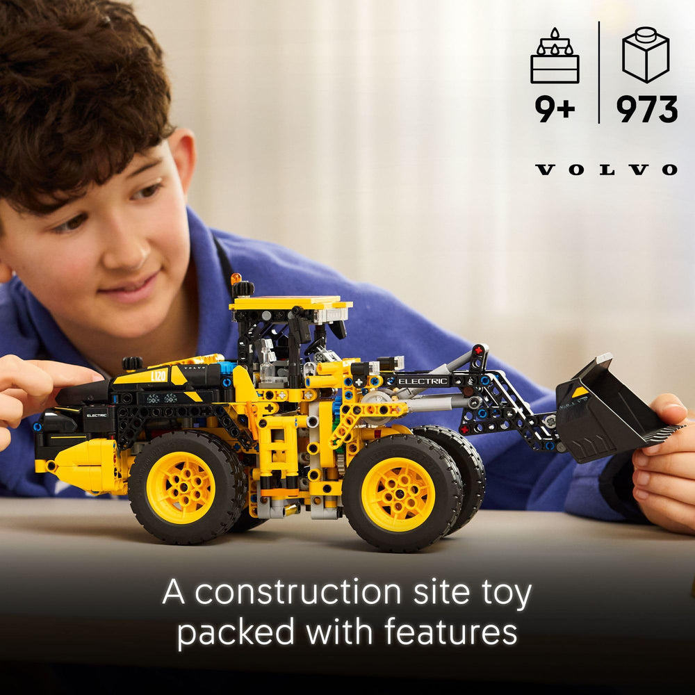 LEGO Technic Volvo L120 rear view highlights detailed chassis for pretend maintenance scenarios