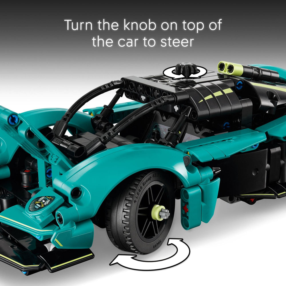 Gullwing doors opened on LEGO Technic Aston Martin Valkyrie teal model