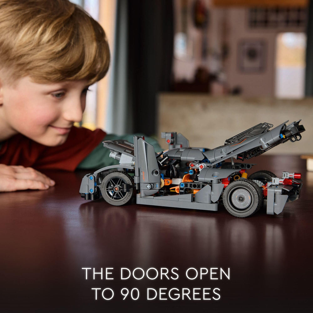 LEGO Technic Koenigsegg Jesko Absolut Grey side profile highlights sleek lines.