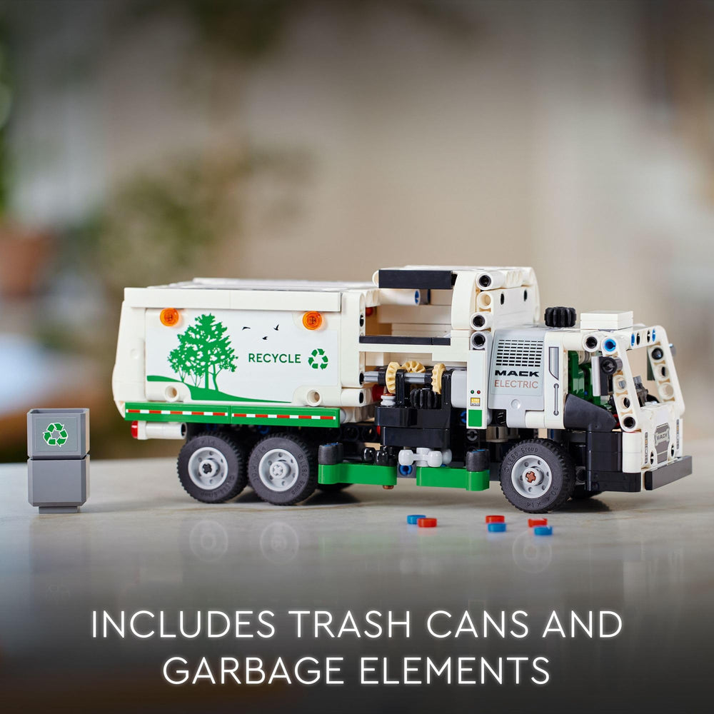 LEGO Technic Mack LR Electric Garbage Truck full model showcasing authentic proportions for display and play.