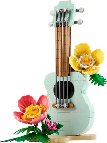 LEGO Tropical Ukulele beach scene stand with flowers for colorful display and storytelling.