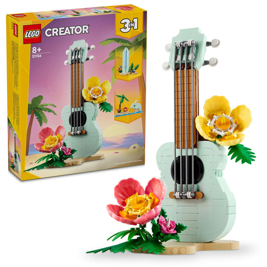 LEGO Tropical Ukulele instrument toy on a sunny beach stand for imaginative play.