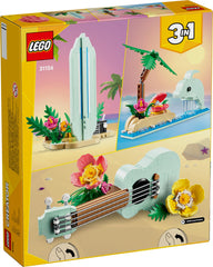 LEGO Tropical Ukulele surfboard with radio on a beach stand for vintage vibes.