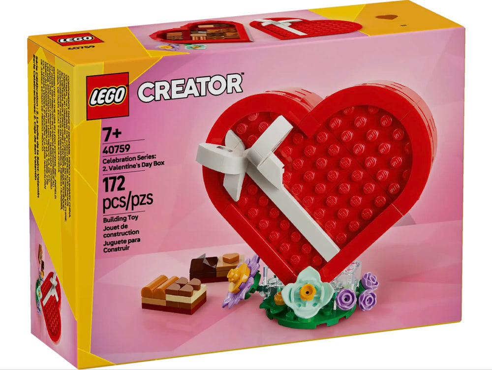 LEGO Valentine’s Day Box display stand with brick-built flowers, adds decorative shelf appeal.