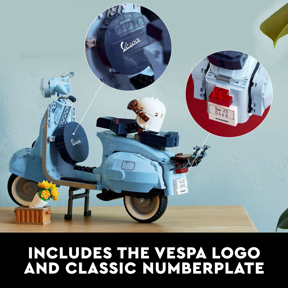 LEGO Vespa 125 scooter model logo and license plate add vintage authenticity