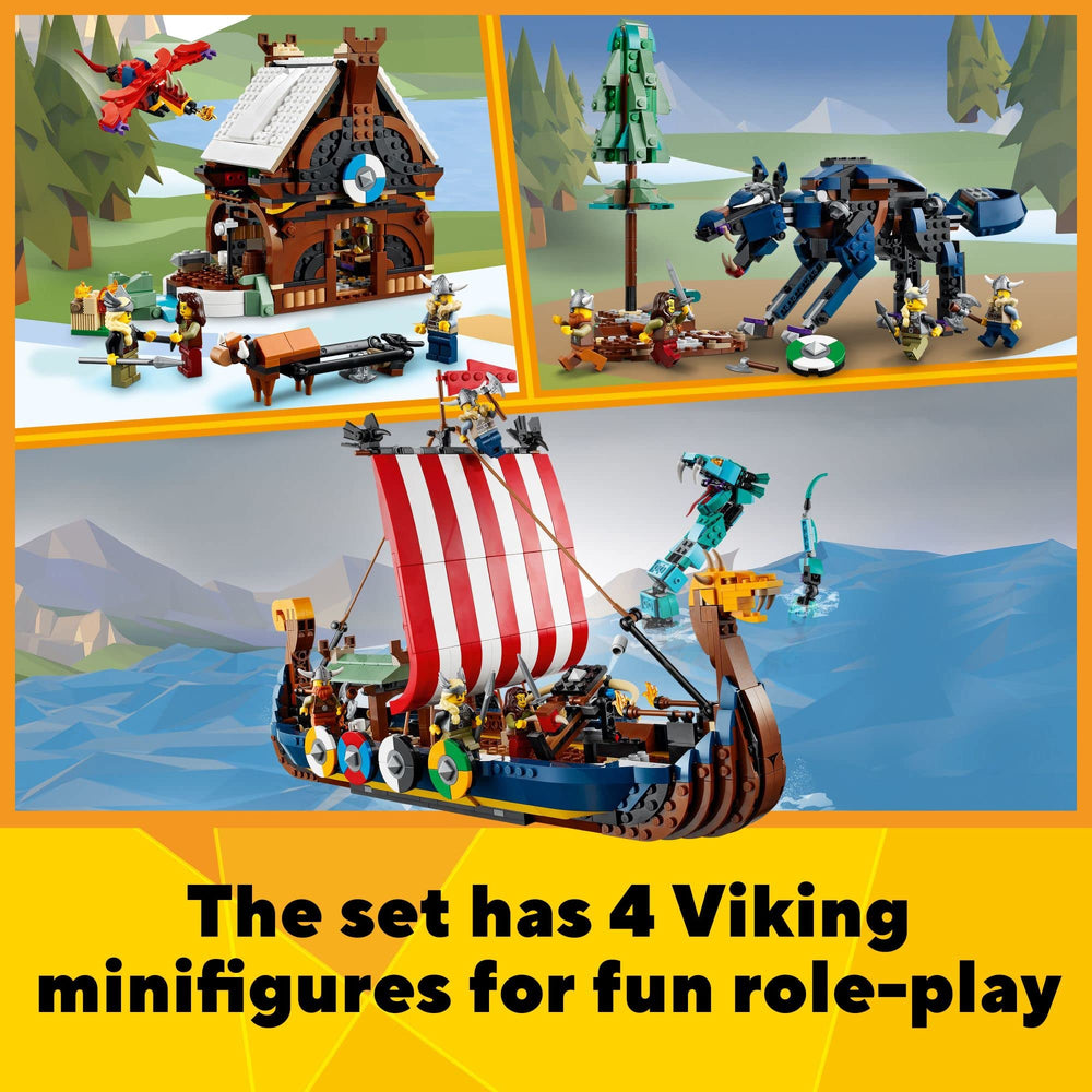 LEGO Viking ship with shields, sail, and ravens for authentic seafaring visuals.