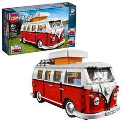 LEGO Volkswagen T1 Camper Van 10220 exterior front view with authentic color split.