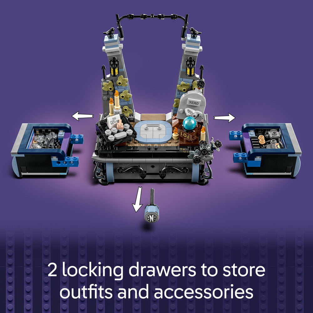LEGO Wednesday Addams accessories like typewriter and crystal ball spark storytelling.