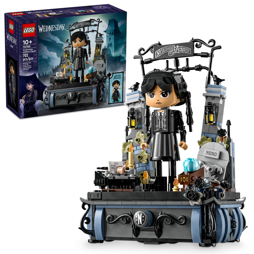 LEGO Wednesday Addams figure pose allows imaginative play and display on a shelf.