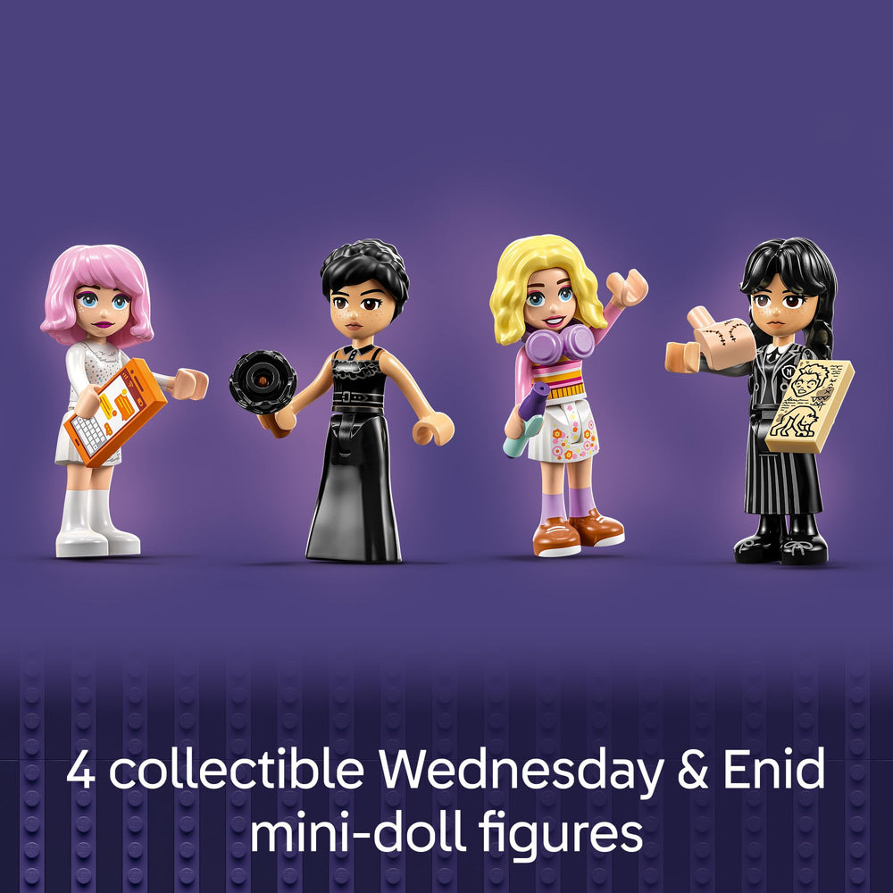 LEGO Wednesday dorm room typewriter and cello accessories enhance character play.