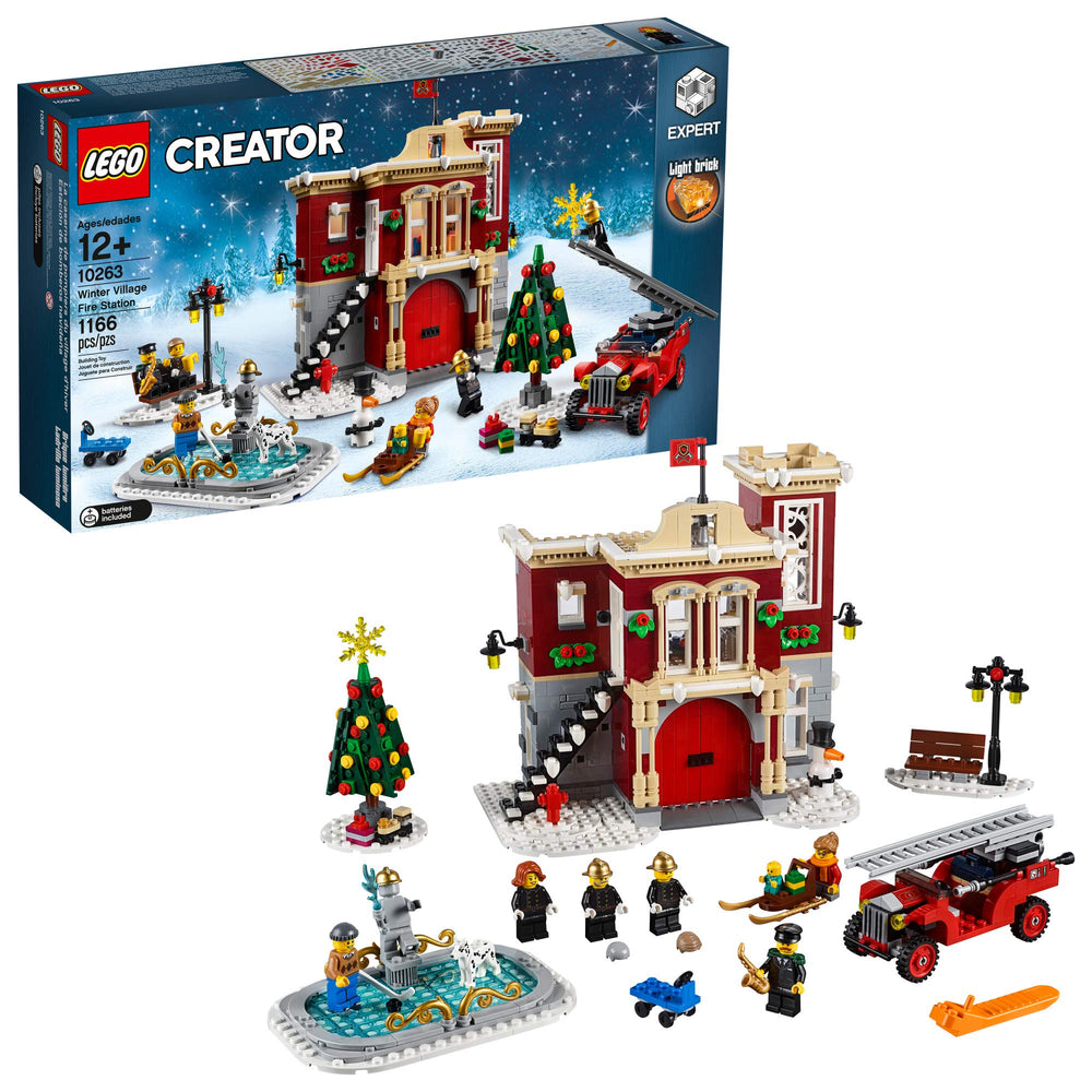LEGO Creator Expert Winter Village Fire Station doors reveal a cozy holiday scene for family building.